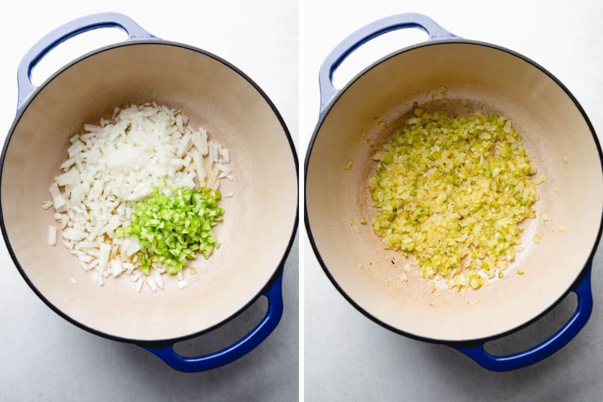 Process photos of searing onion and celery.