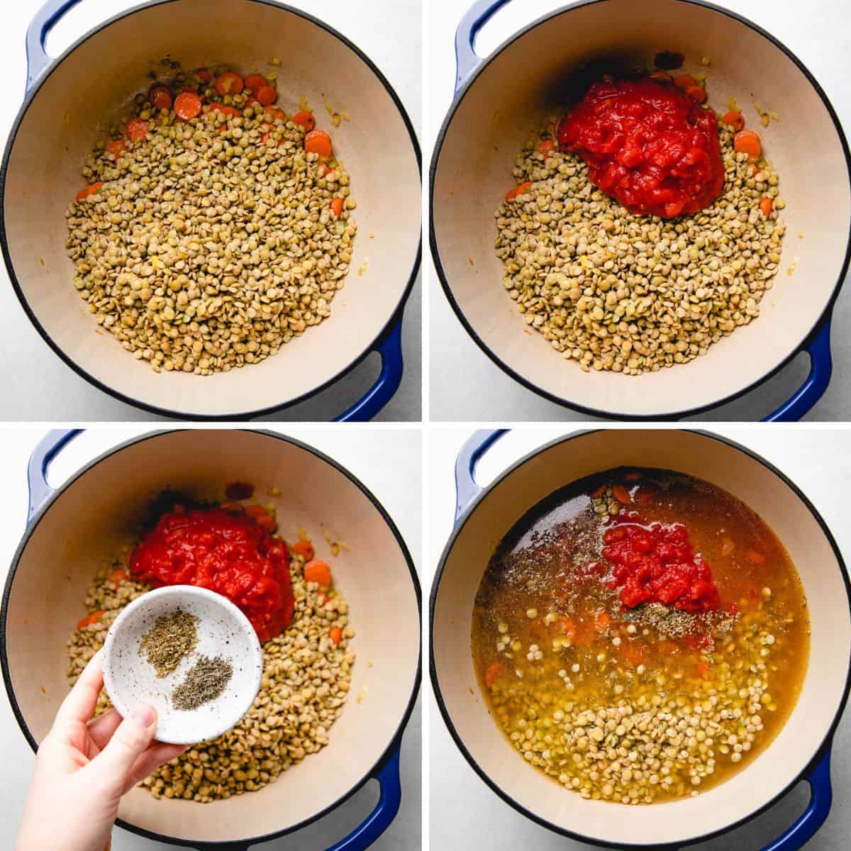Process photos of adding lentils, crushed tomatoes, seasoning, and broth to the soup.