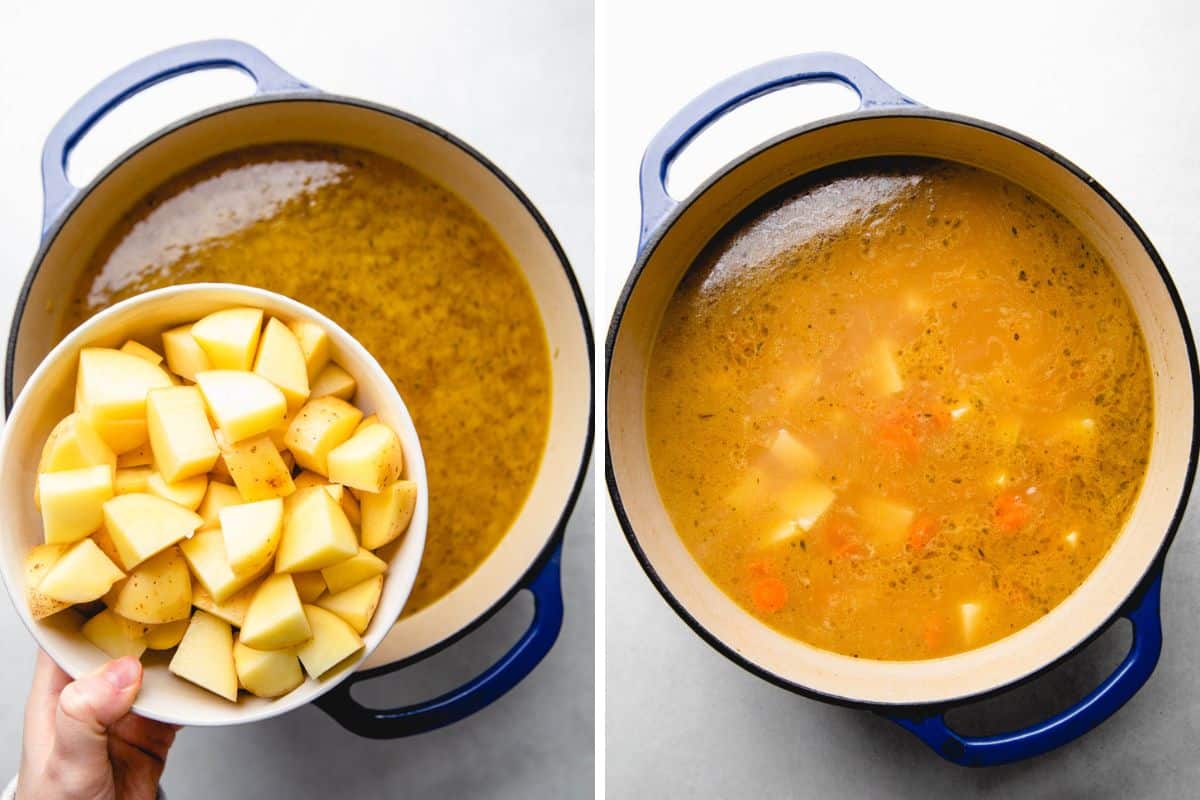 Process photos of adding chopped potatoes to soup.