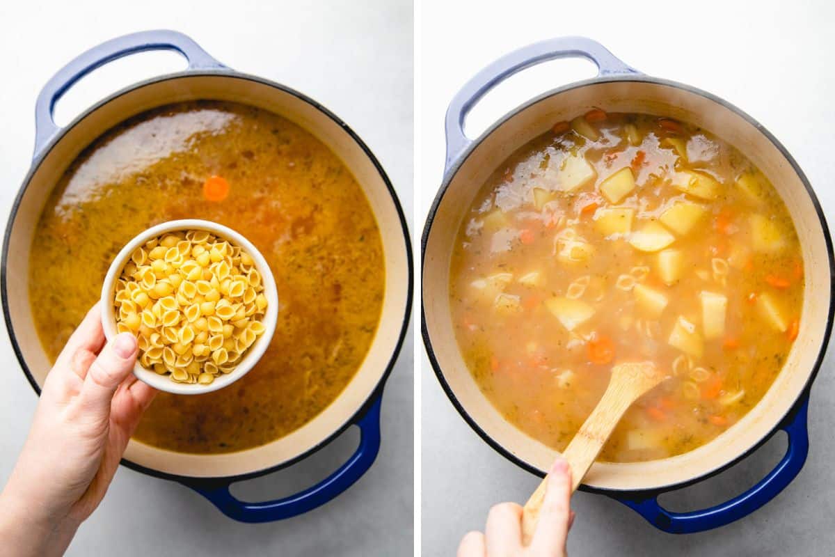 Process photos of adding pasta to soup.