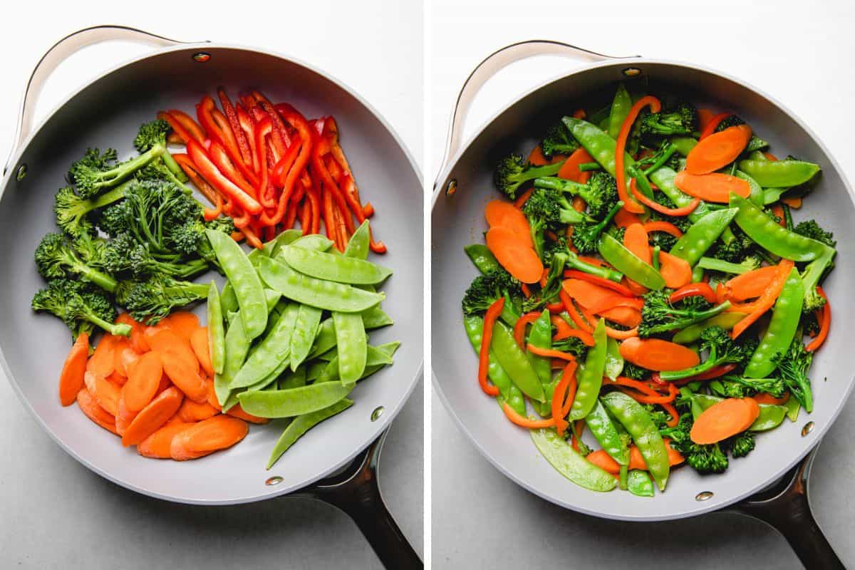 Process photos of cooking broccoli, red bell pepper, snow peas, and carrots in a skillet