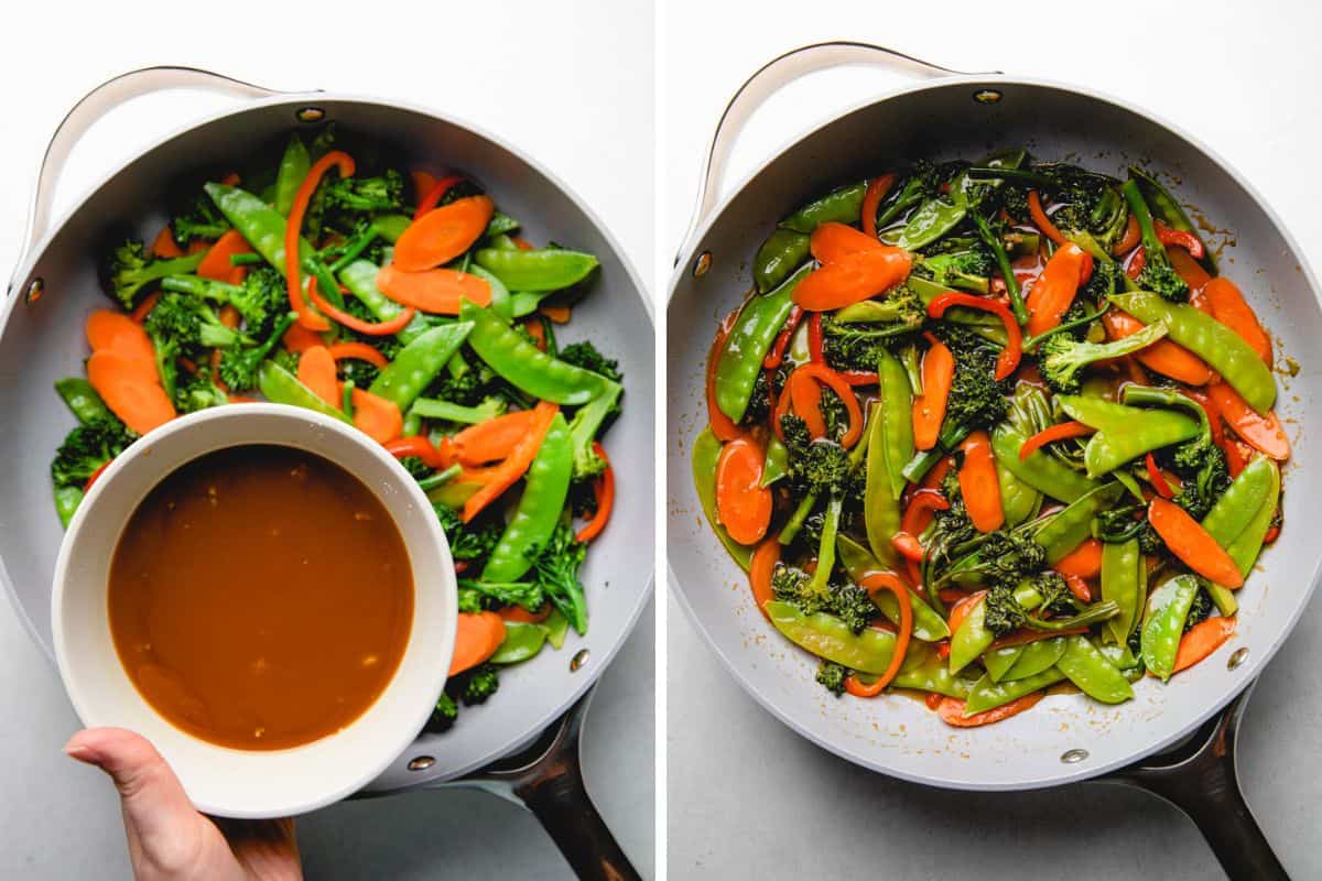 Process photos of adding teriyaki sauce to the vegetables in a skillet.