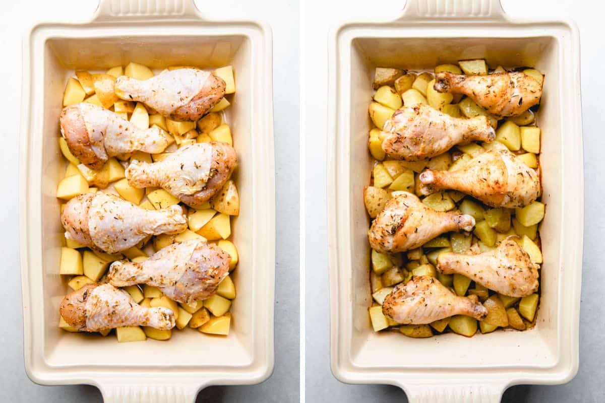 Chicken legs with potatoes in a baking dish before and after baking.
