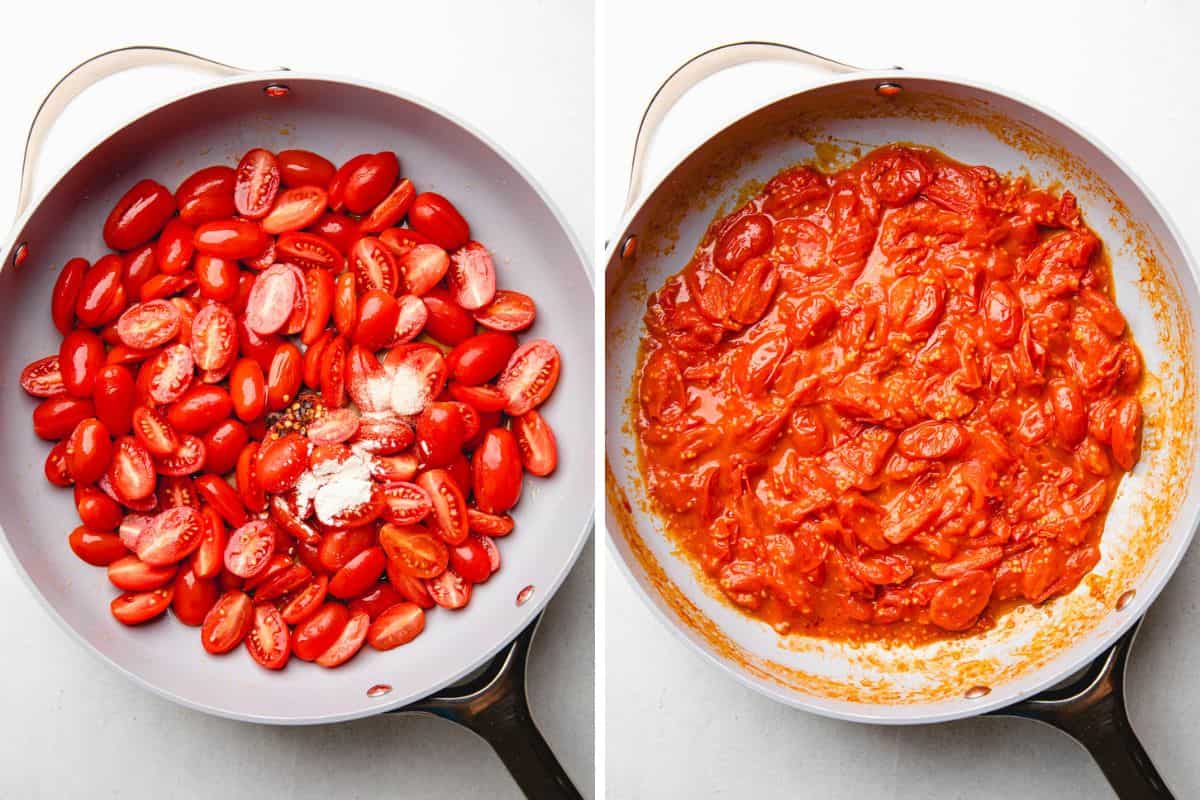 Diced cherry tomatoes in a pan before and after cooking.