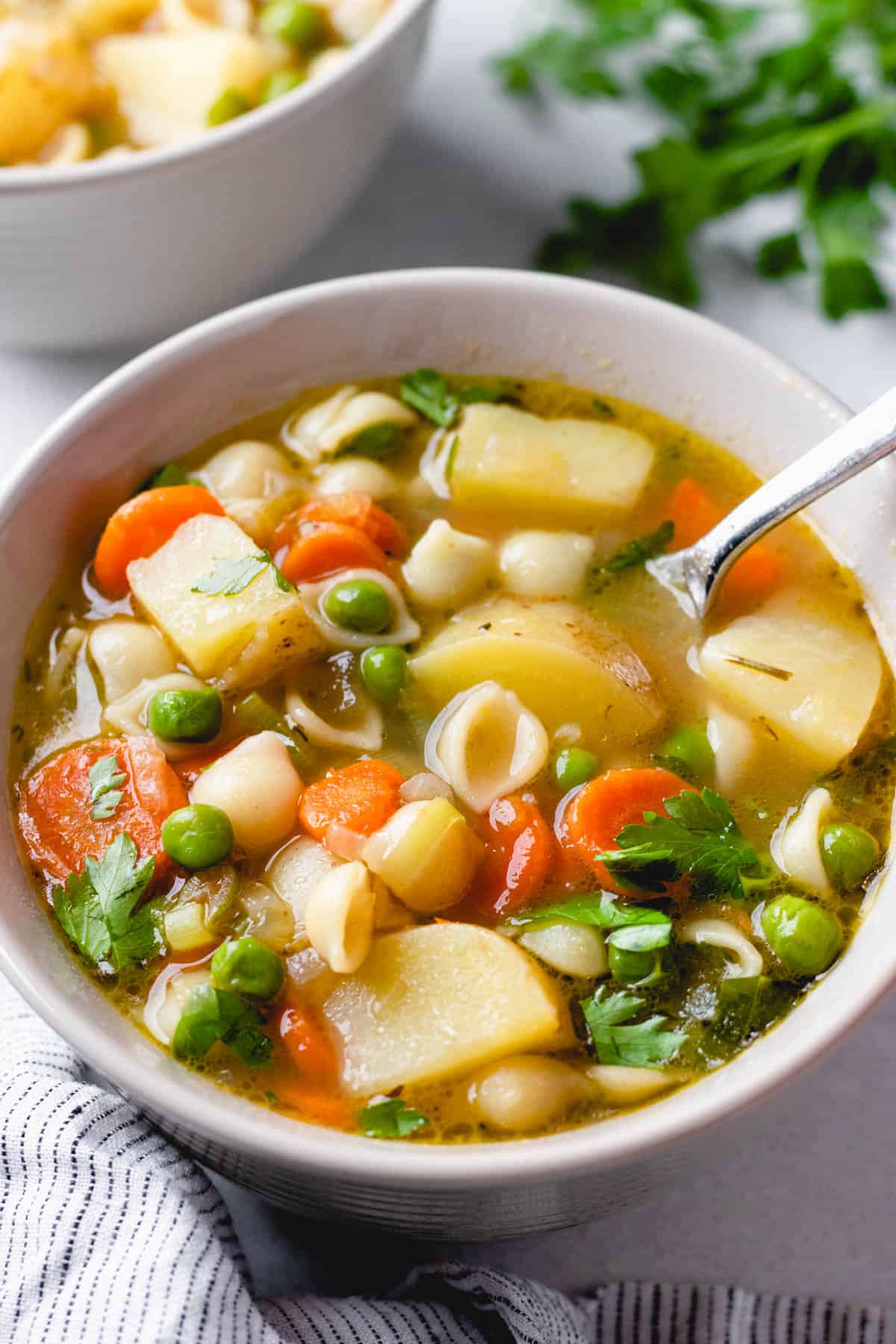 Soup with onions, carrots, potatoes, peas, and pasta in a bowl.