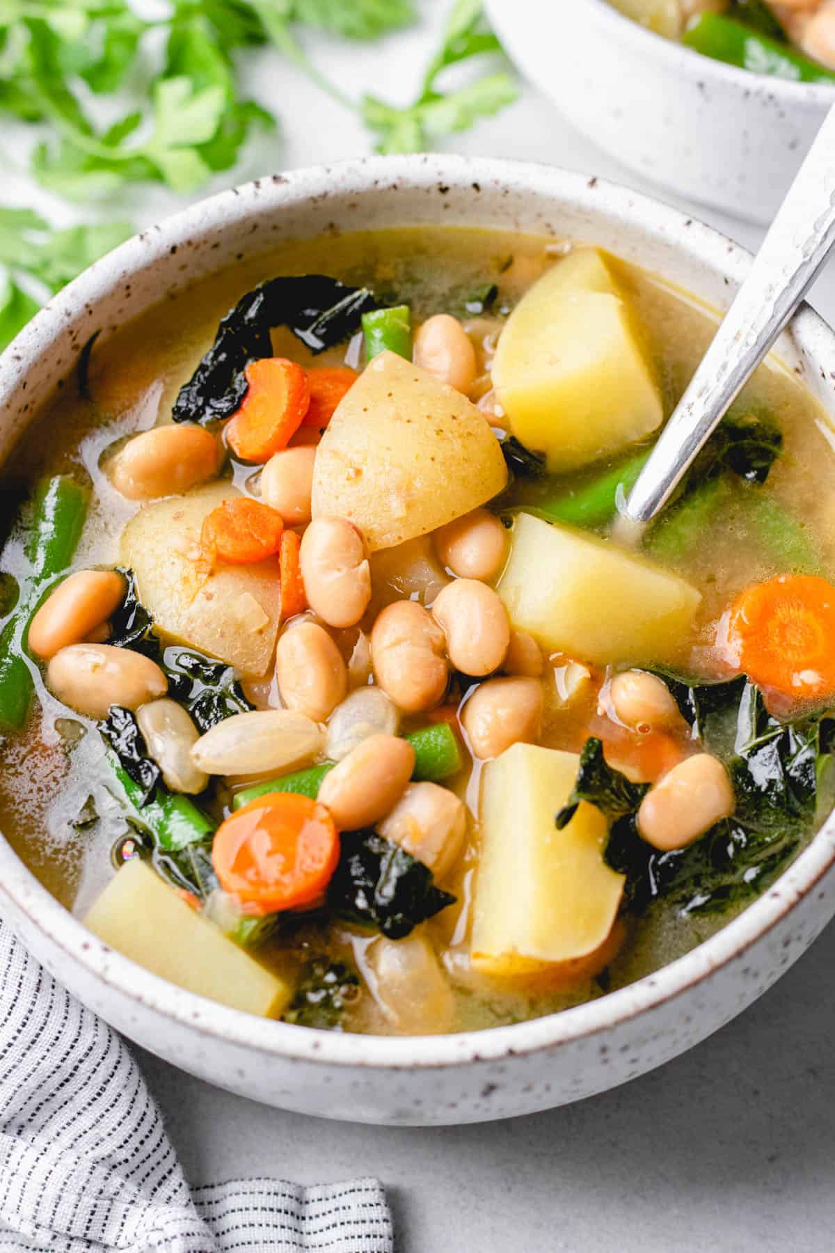 Soup with white beans, potatoes carrots, kale, and green beans in a bowl.