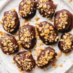 Dates, filled with peanut butter, covered with chocolate, and topped with chopped peanuts, on a white plate.