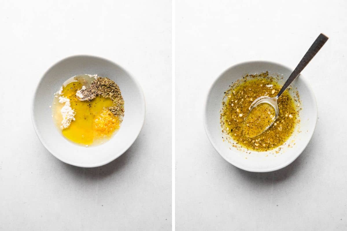 Process photos pf mixing marinade ingredients in a bowl with a spoon.