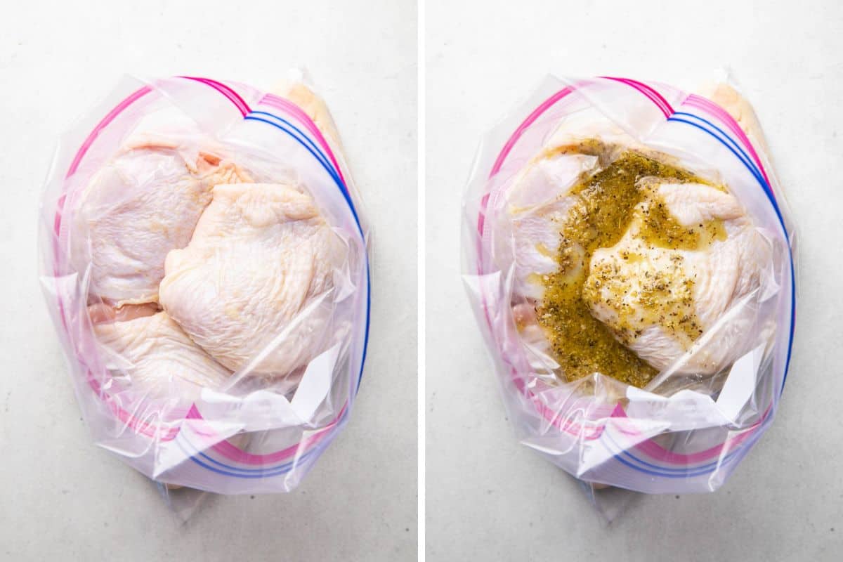 Chicken thighs with marinade in a gallon size zip lock bag.