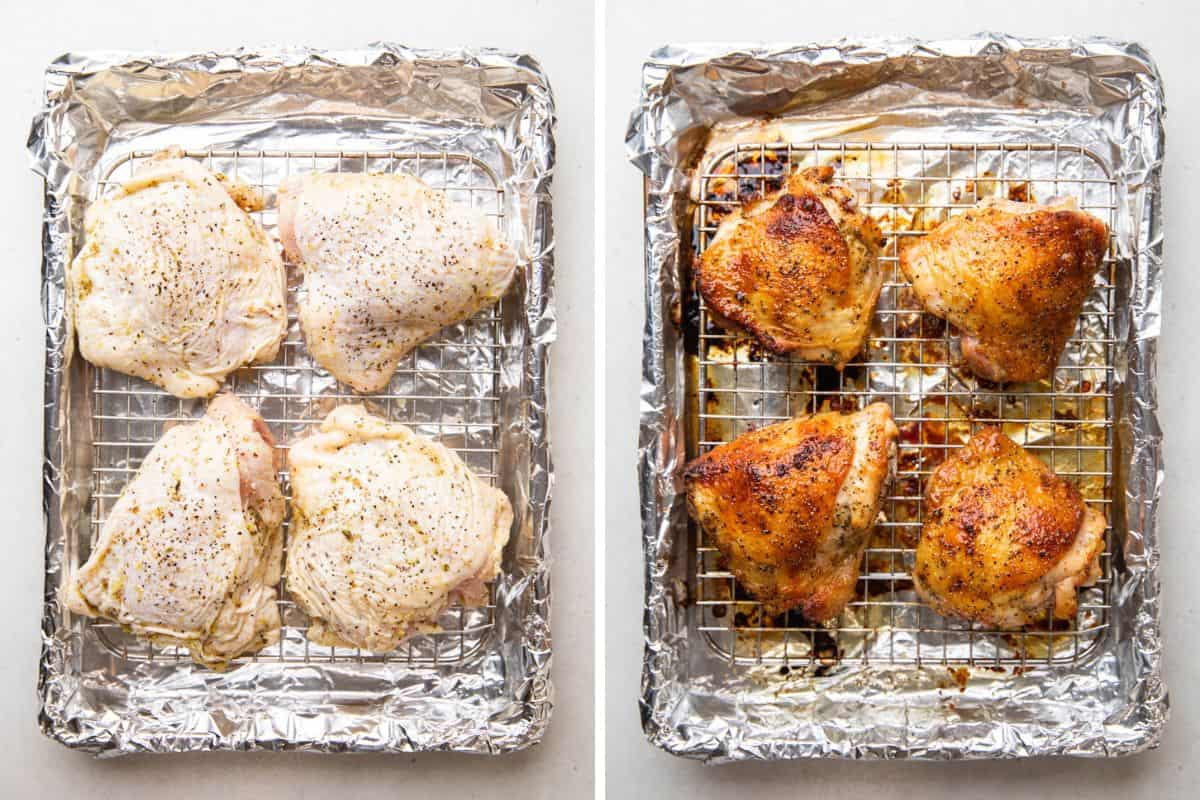 Chicken thighs on a baking sheet with a wire rack before and after baking.