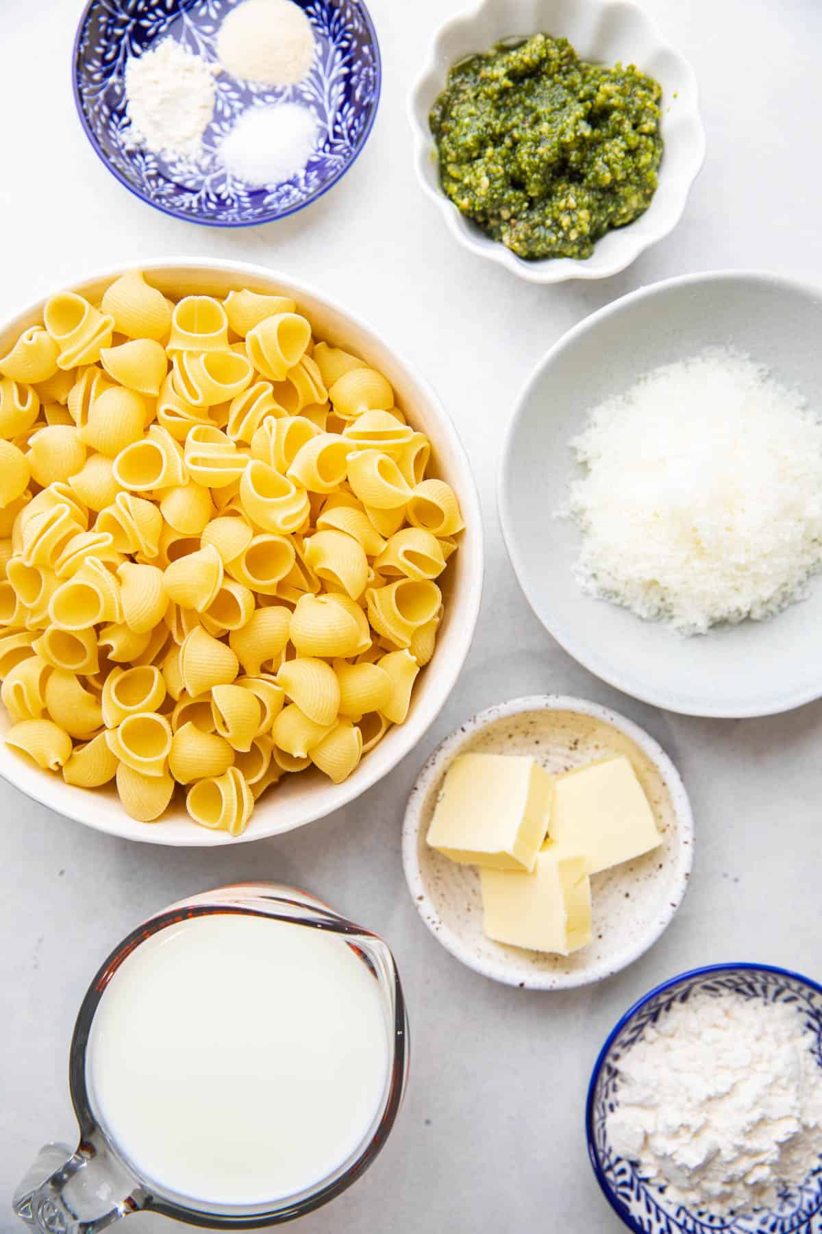 Separate ingredients to make Creamy Pesto Pasta Recipe.