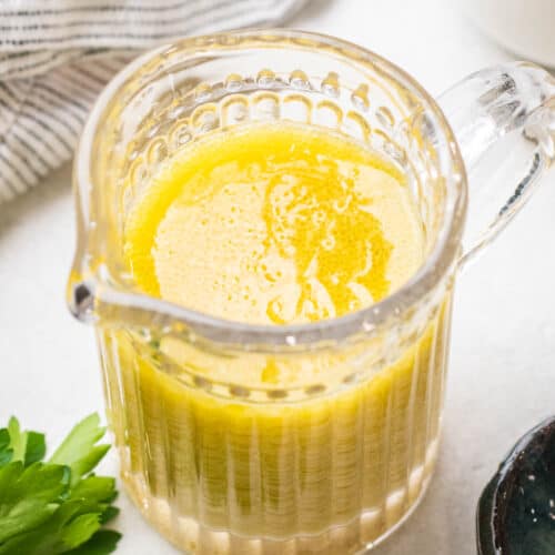Vinaigrette in a glass jar.