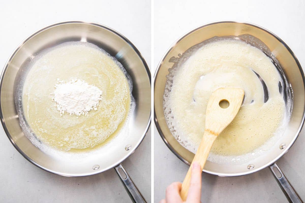 Process photos of adding flour to the melted butter.