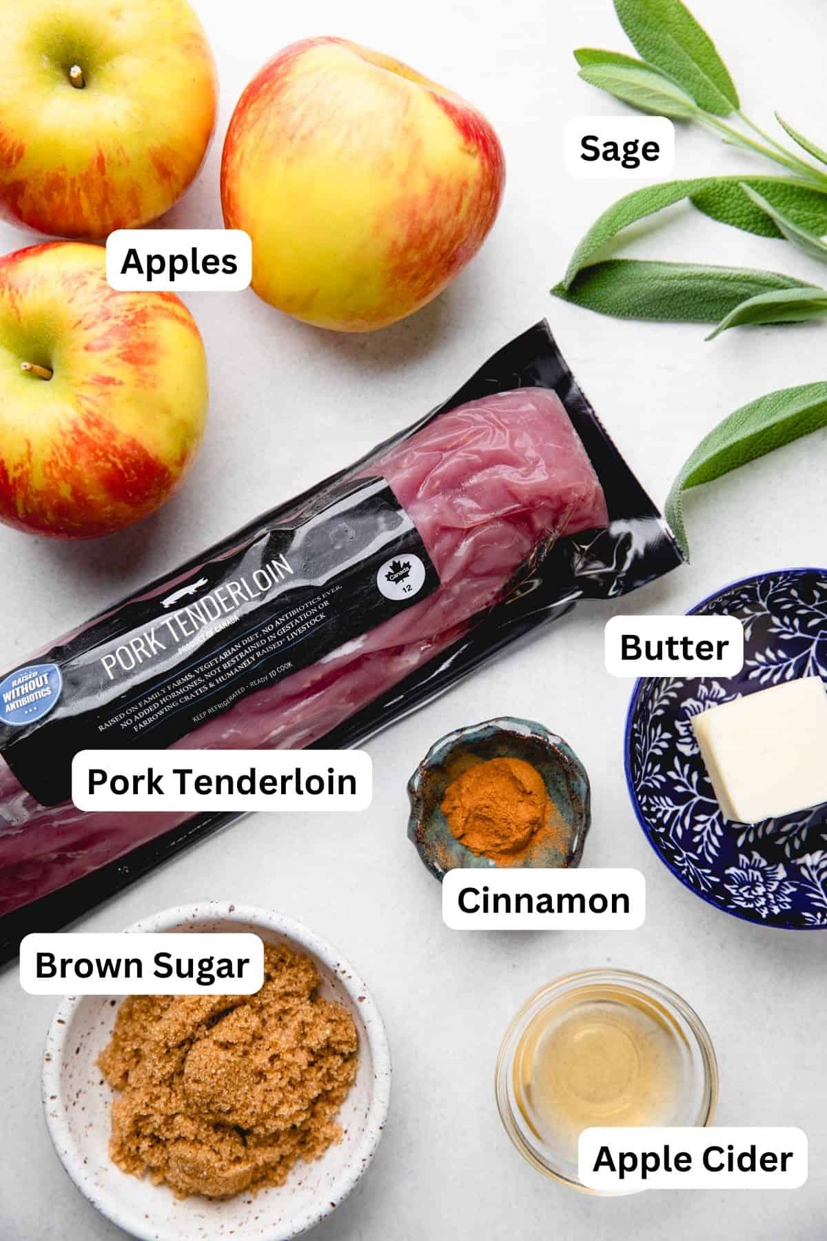 Separate ingredients to make pork tenderloin medallions with caramelized cinnamon apples.
