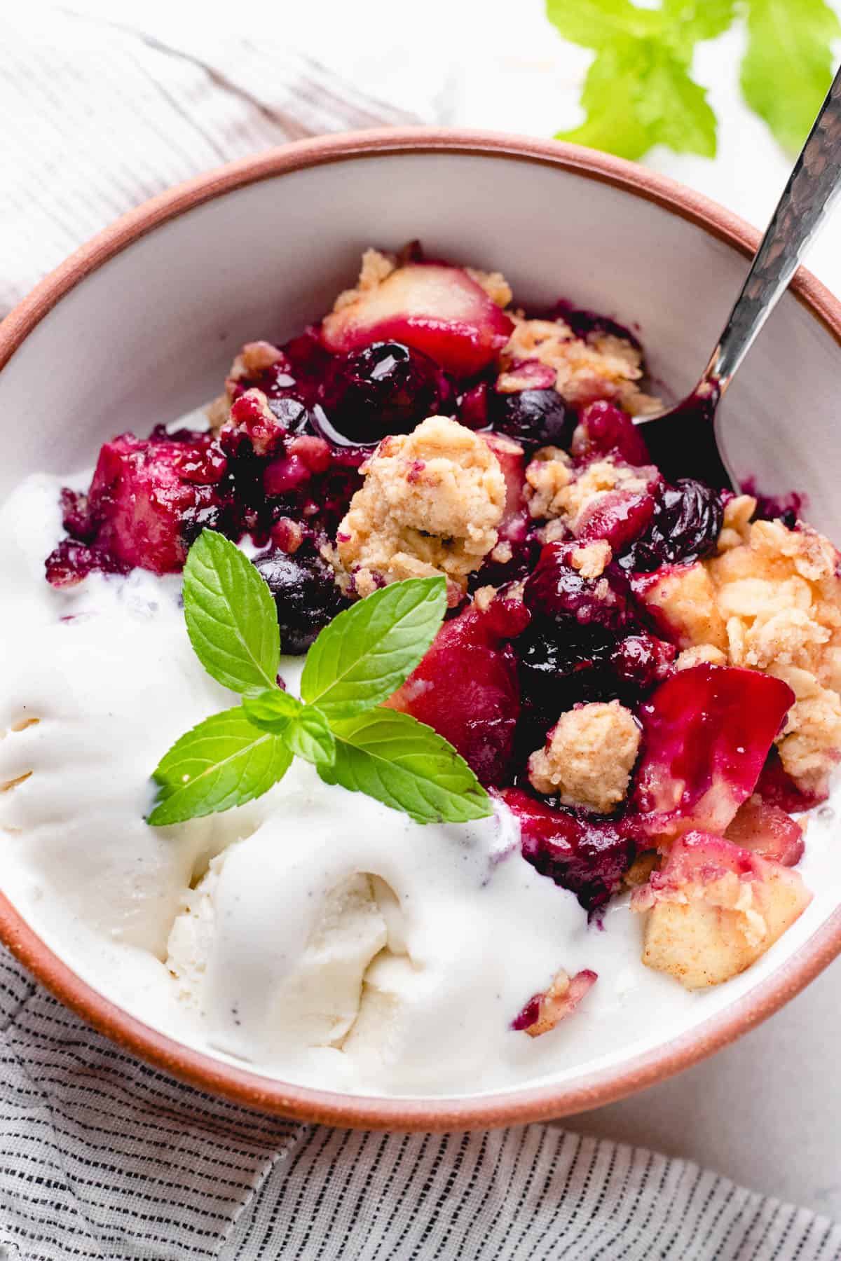 Apple and Blueberry Crumble with a spoon of ice cream and mint leaves in a bowl.