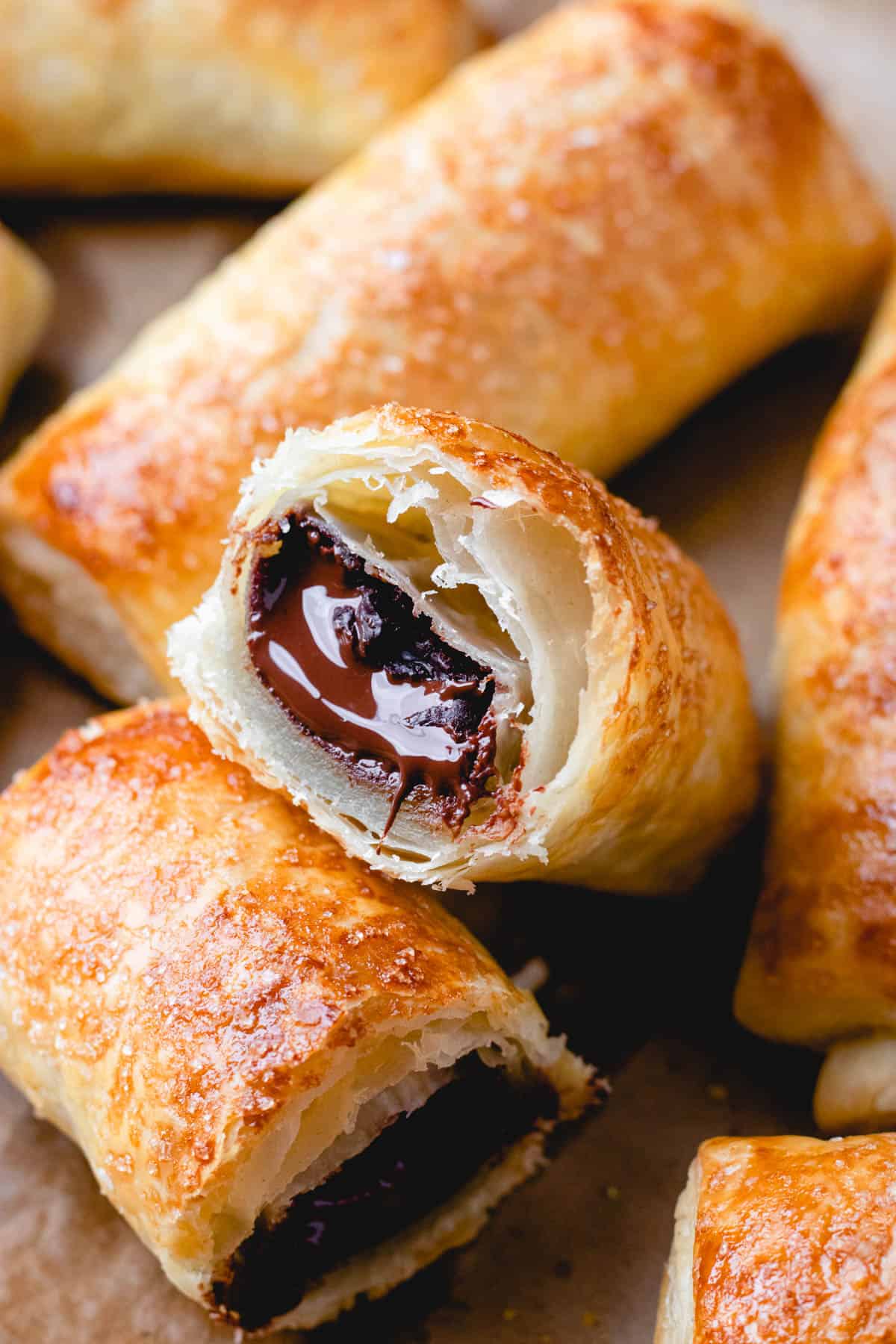 Folded puff pastry with melted chocolate.