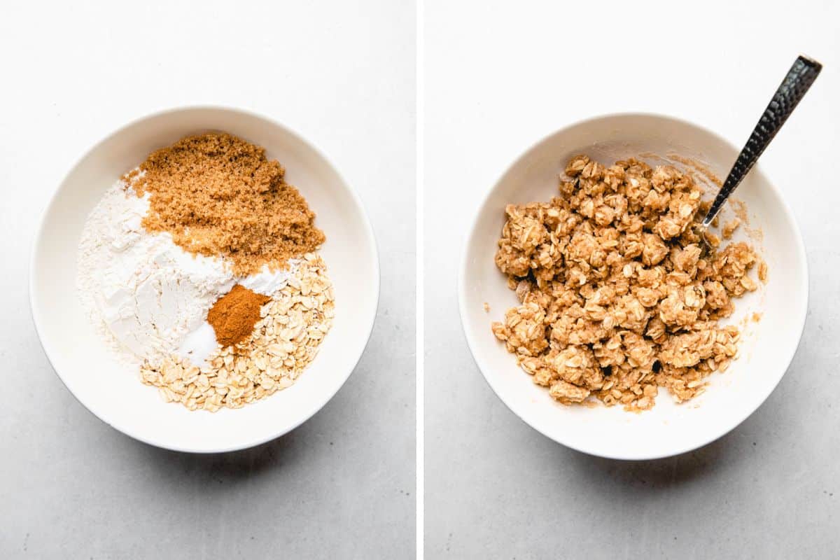 Process photos of mixing flour, oats, and spices in a bowl.