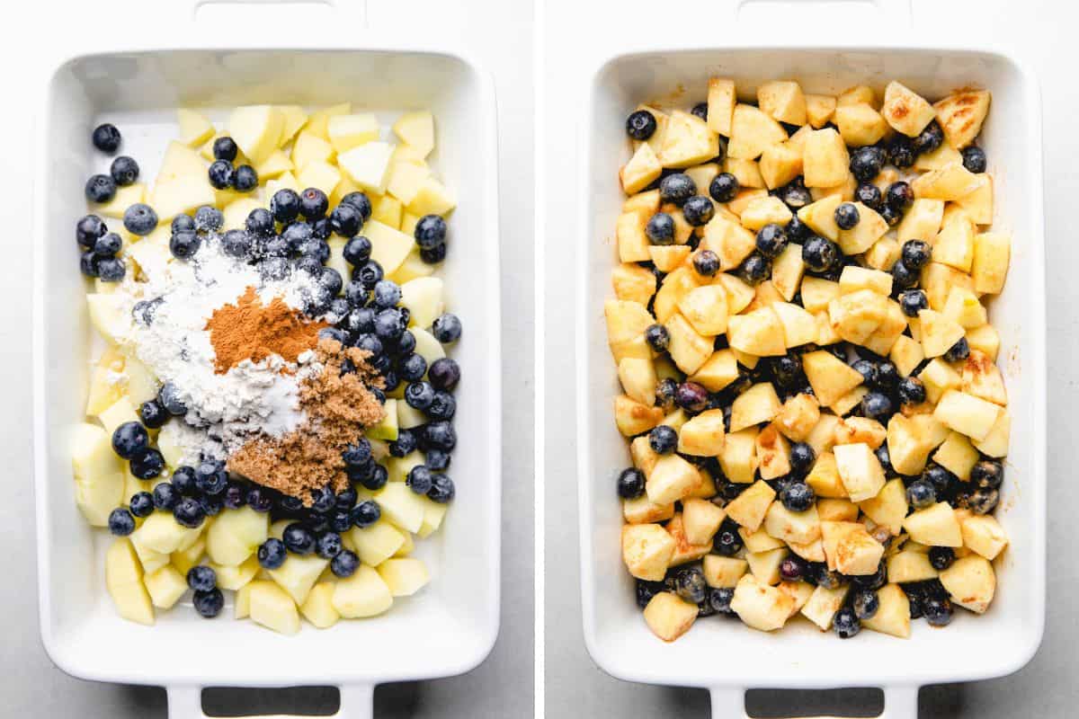 Process photos of mixing diced apples, blueberries, sugar and spices in a baking dish.