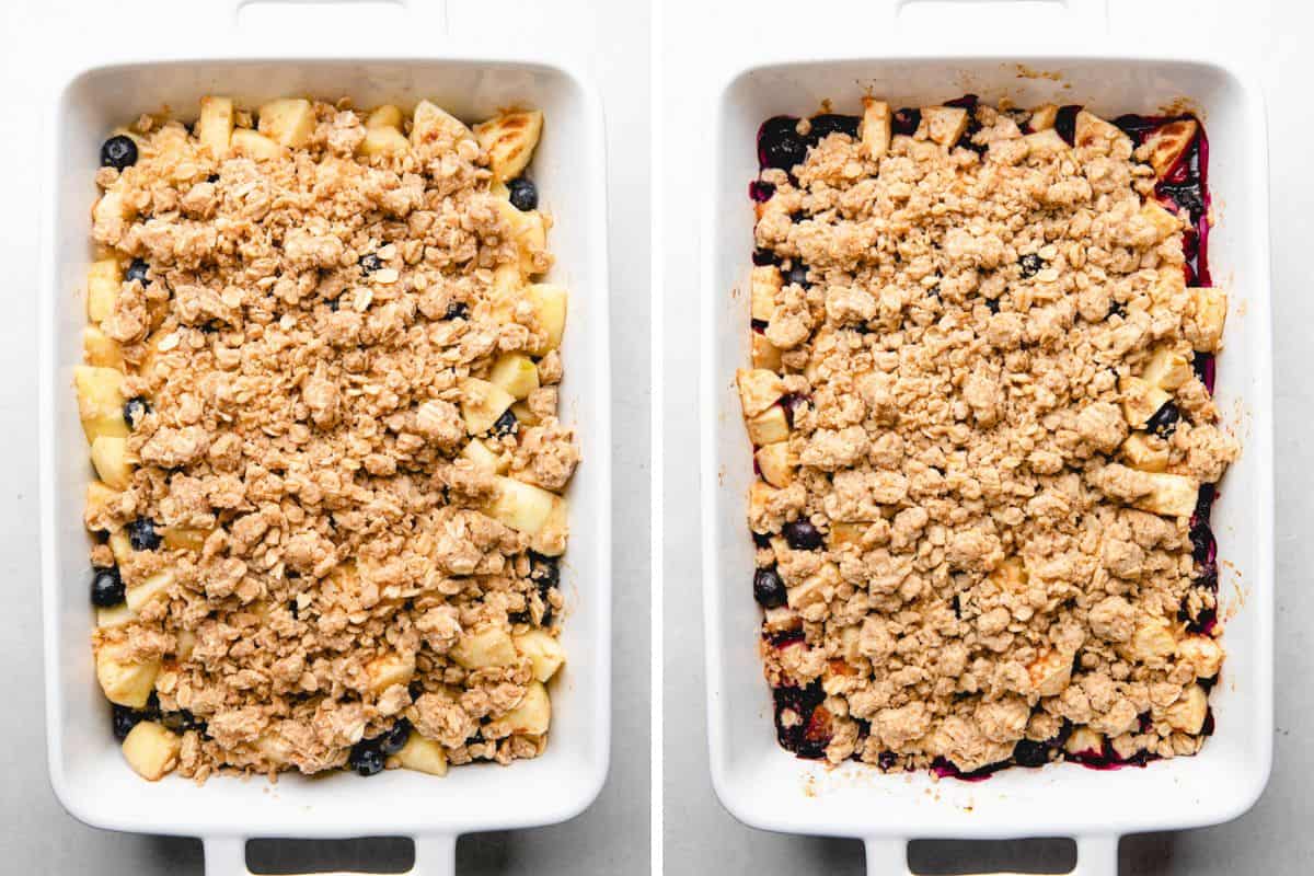 Apple and Blueberry Crumble in a baking dish before and after baking.