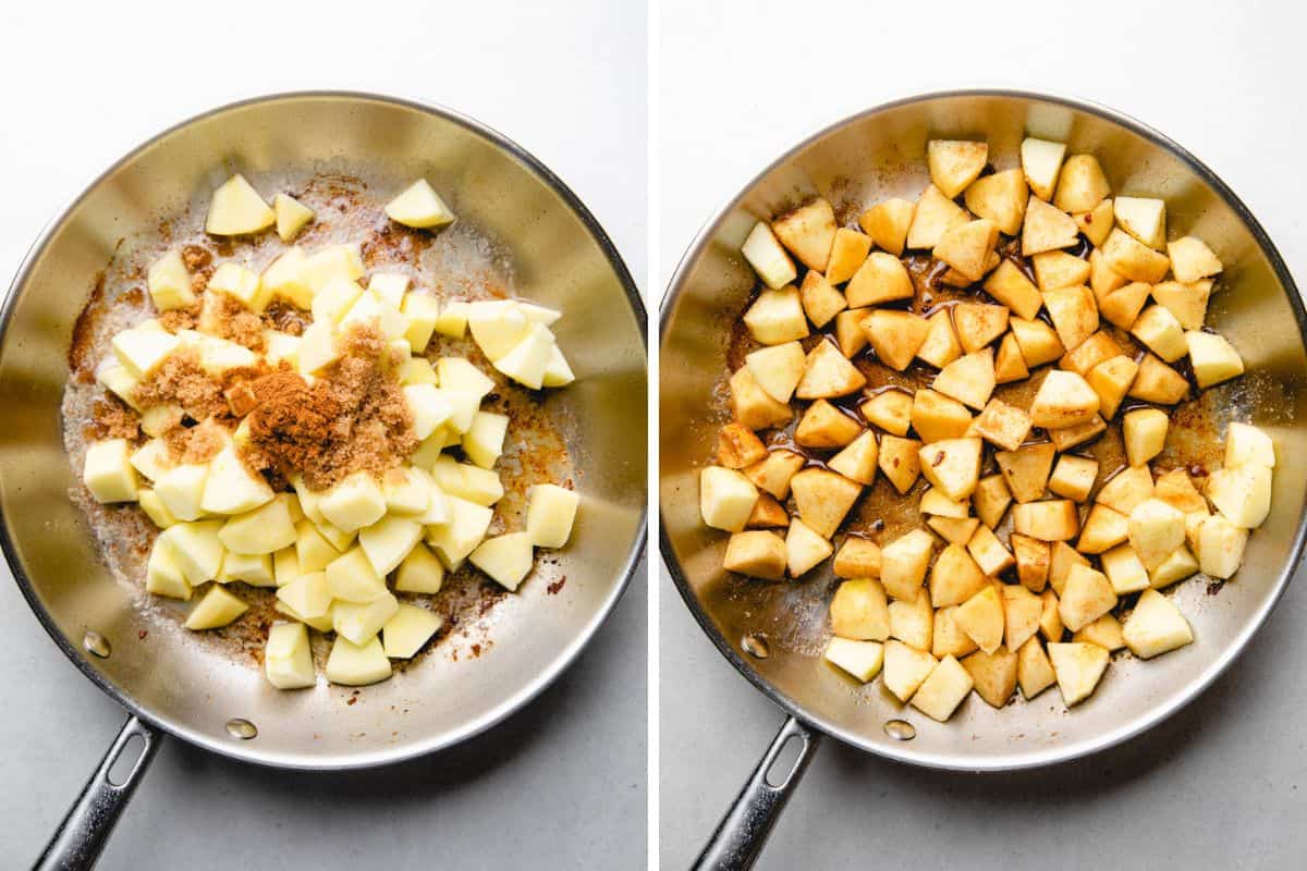 Process photos of cooking diced apples with spices in a skillet.