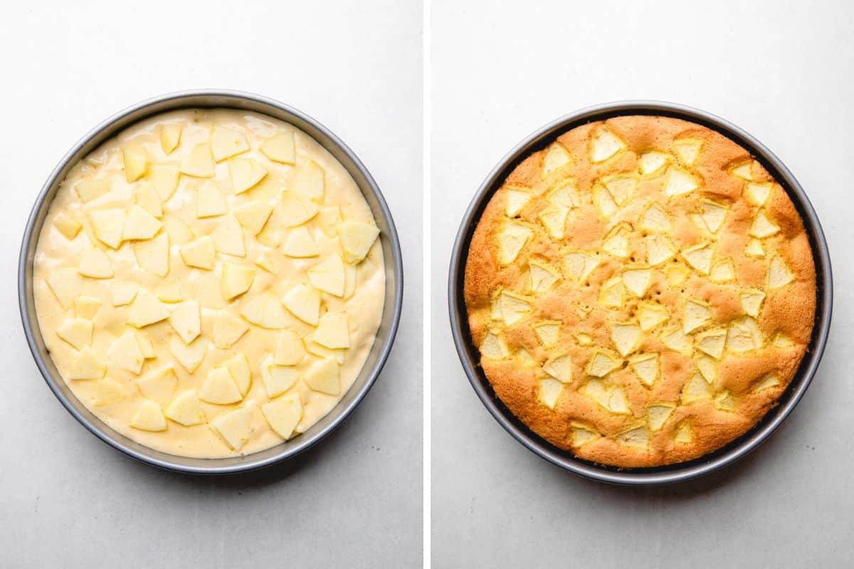 Apple cake before and after baking.