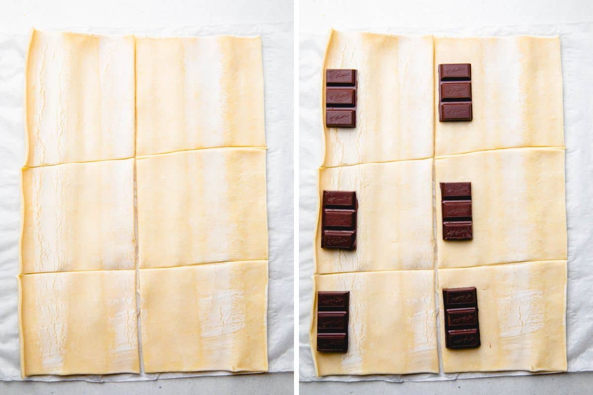 Cutting puff pastry in squares and topping with chocolate.