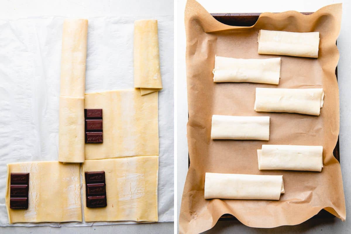 Wrapping chocolate in puff pastry and placing on a baking sheet.