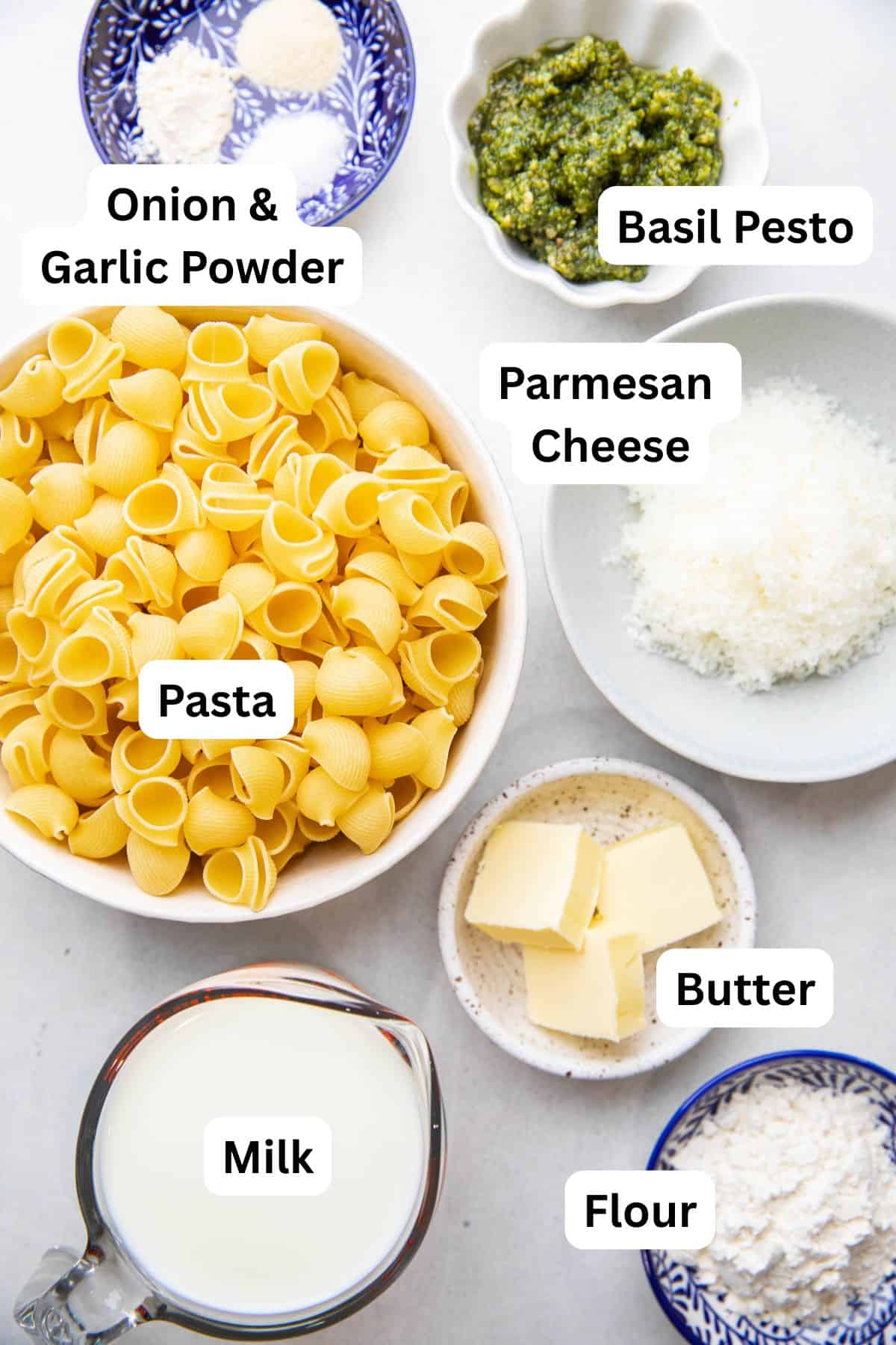 Separate ingredients to make Creamy Pesto Pasta Recipe.