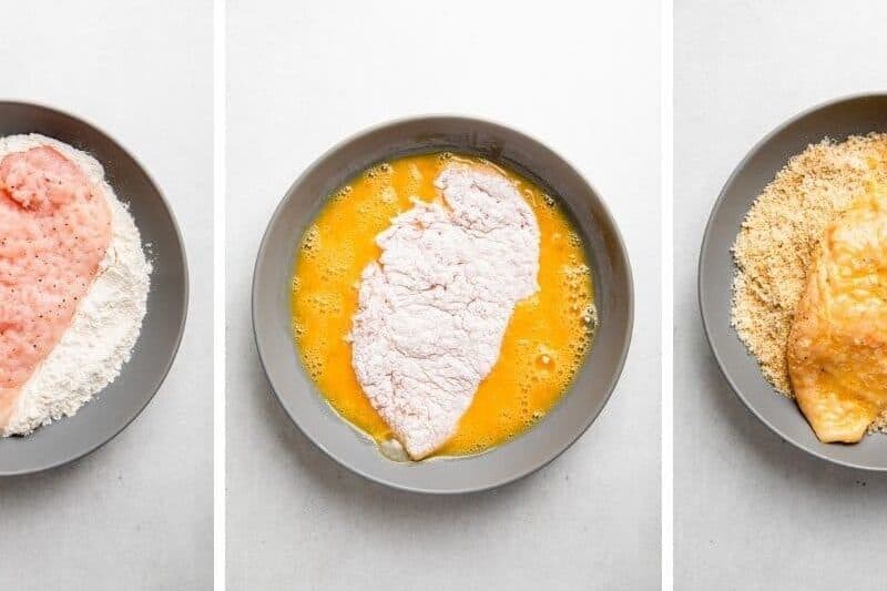 Then process of dredging chicken cutlet in flour, eggs, and breadcrumb mixture.