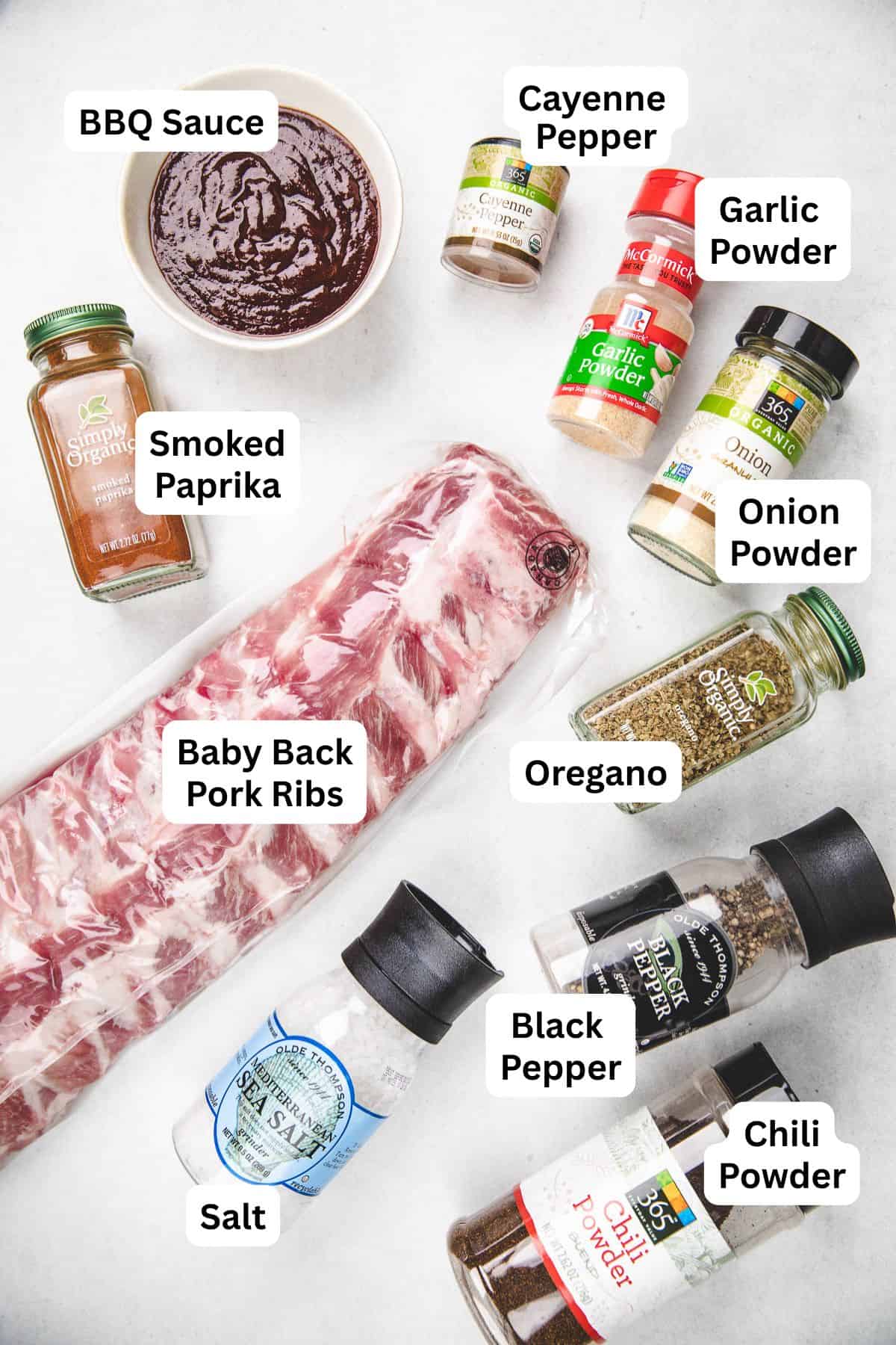 Ingredients for BBQ baby back ribs.