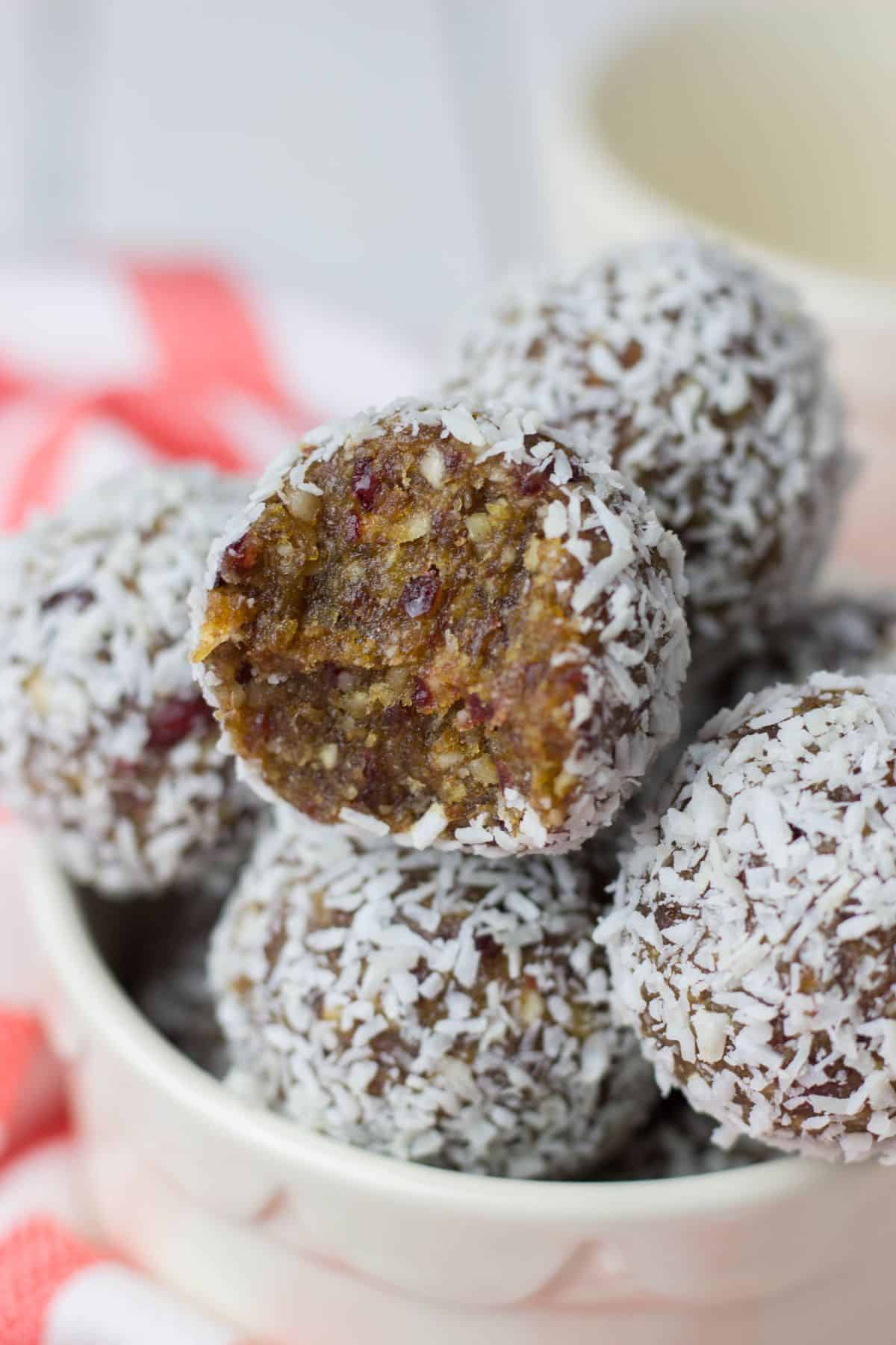 No Bake Energy Bites covered with shredded coconut.
