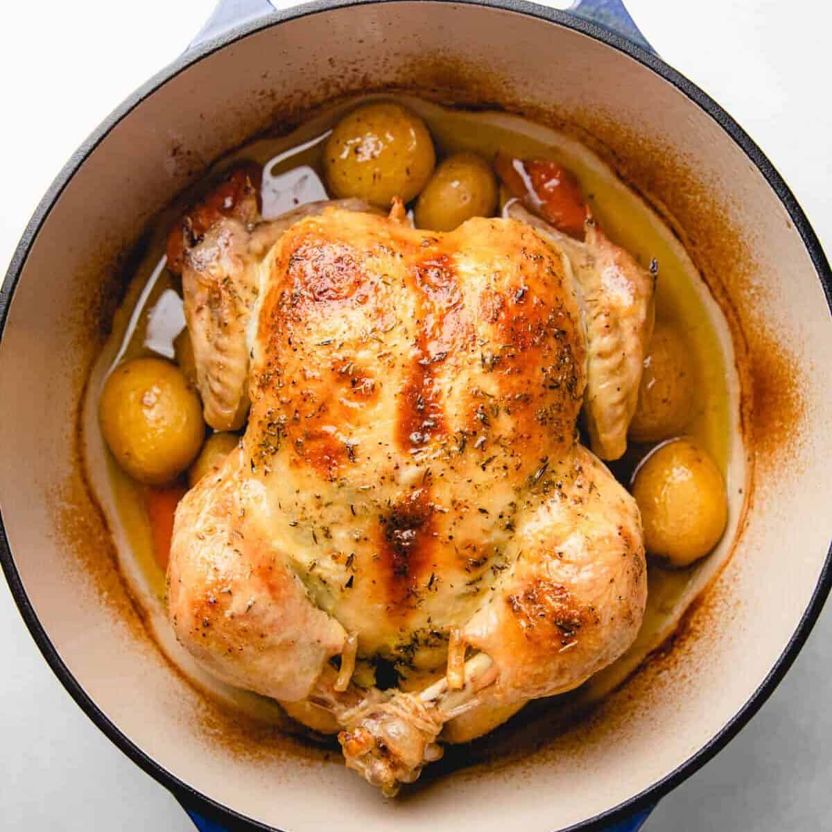 Whole roasted chicken in a Dutch oven with potatoes and carrots.