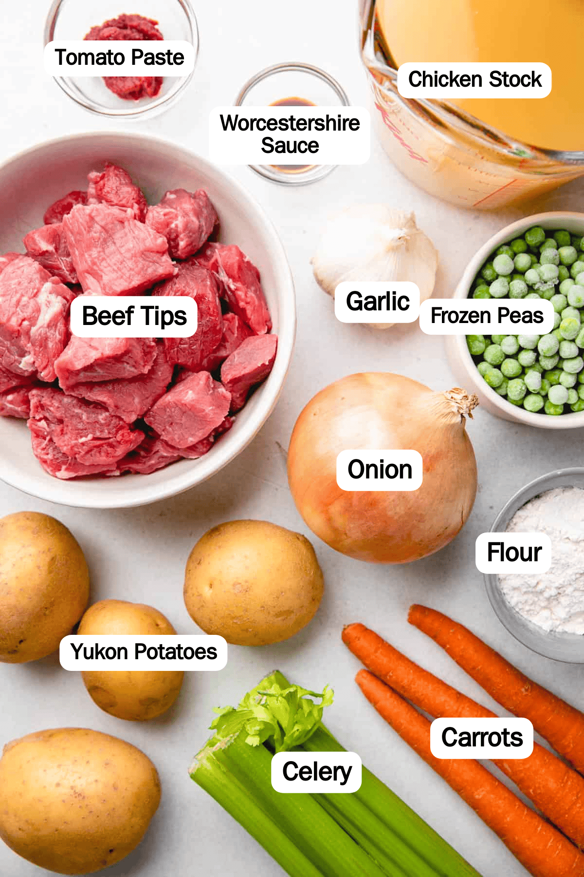 Separate ingredients to make beef stew.