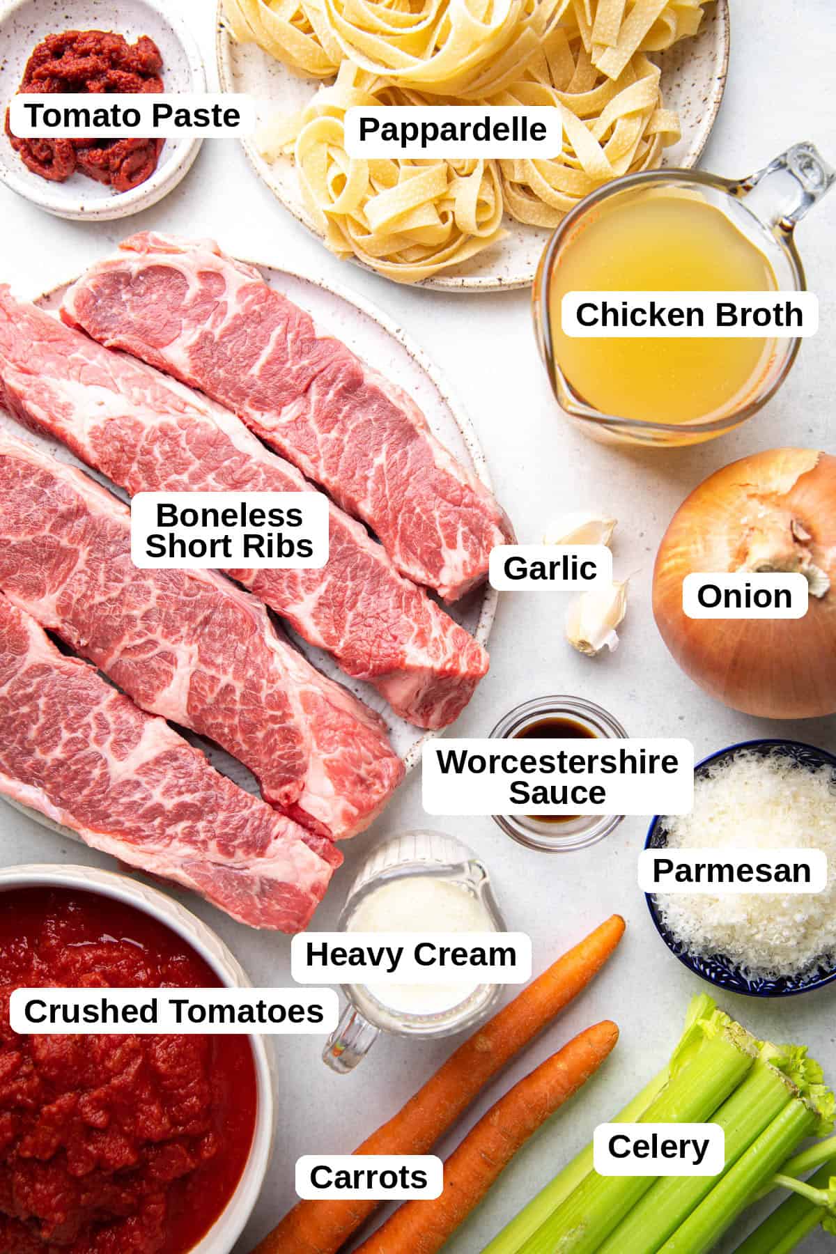Separate ingredients to make short rib ragu.
